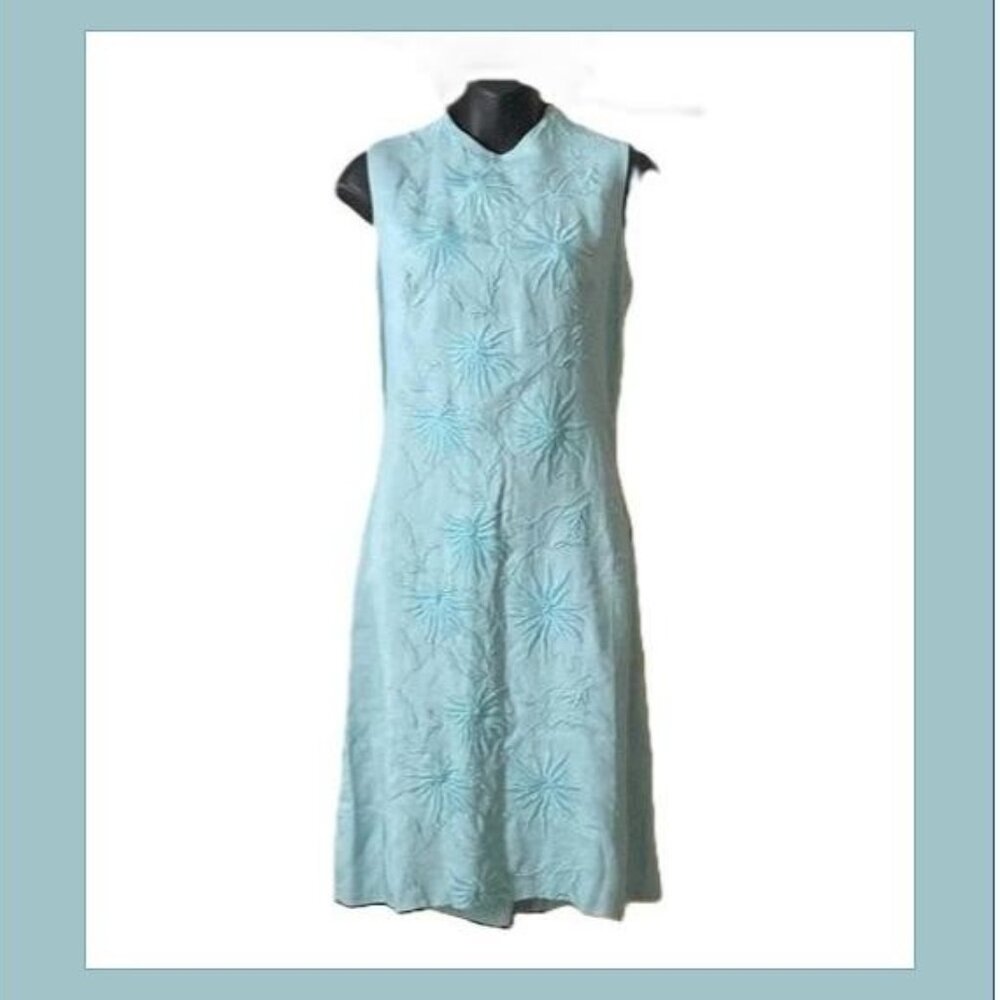 Vintage Arkay Embroidered Linen A-Line Dress | Light Blue/Green | Size S?